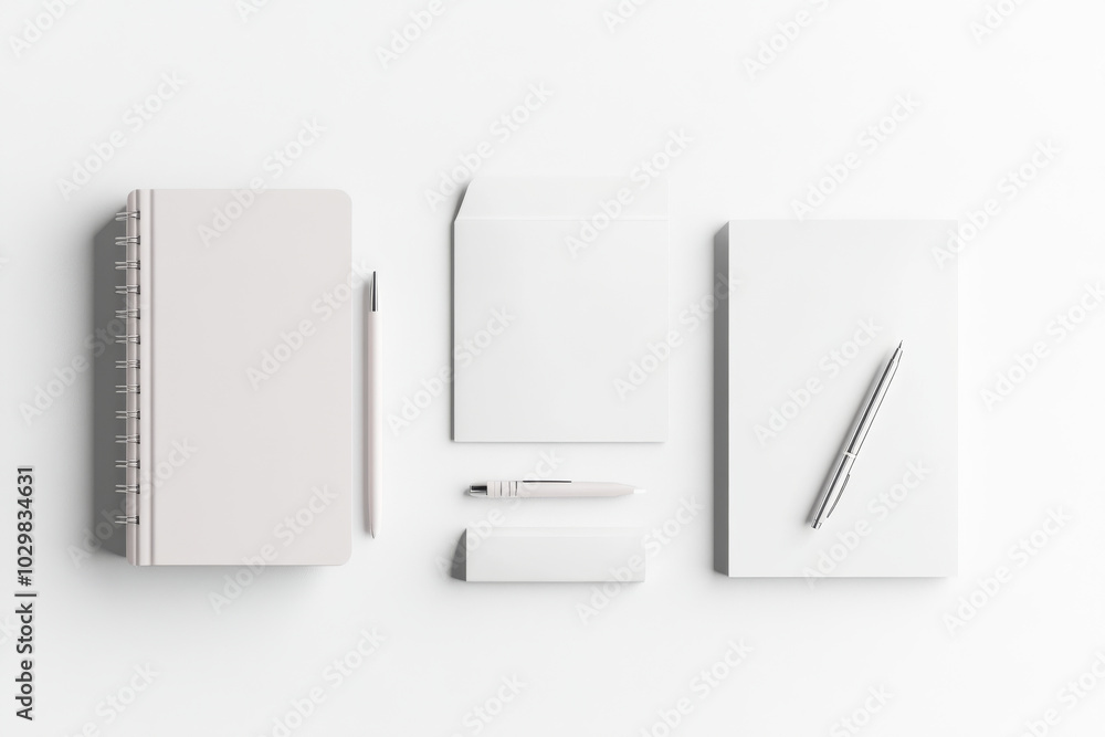 Minimalist stationery layout featuring notebook, blank paper, and pen, perfect for creative projects or office use. clean design evokes sense of organization and inspiration Minimalist stationery layout featuring notebook, blank paper, and pen, perfect for creative projects or office use. clean design evokes sense of organization and inspiration