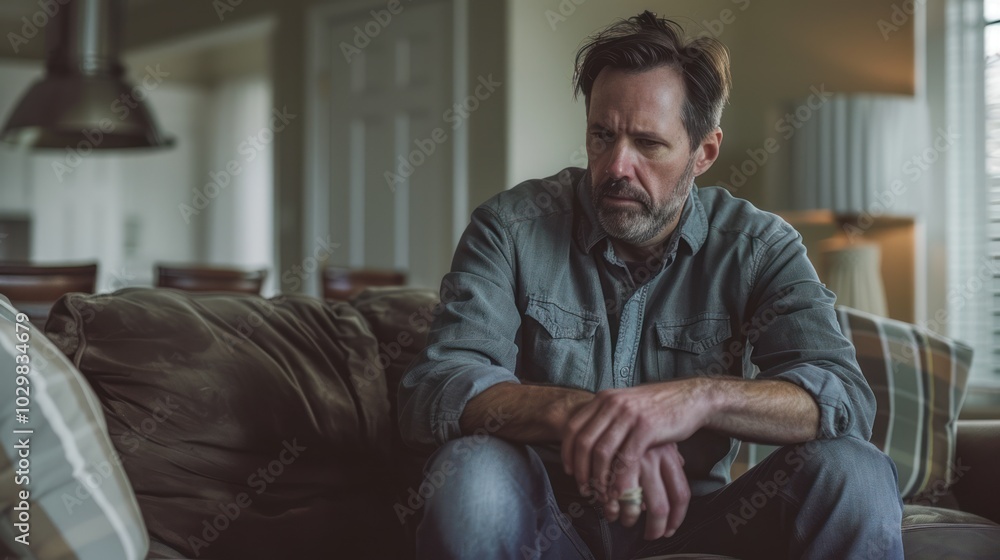 Fototapeta premium Man Sitting On Couch with Pensive Expression