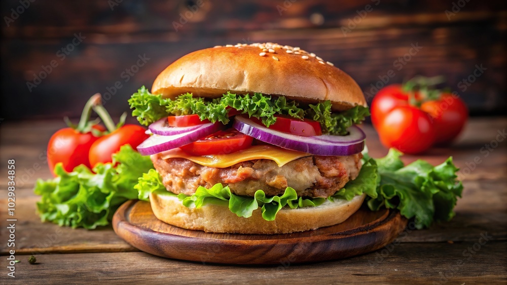 Tasty pork bun burger with onions tomatoes lettuce for posters or menus Tasty pork bun burger with onions tomatoes lettuce for posters or menus
