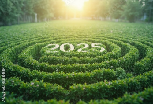 Lush Green Landscape With Concentric Patterns Featuring '2025' At Its Center