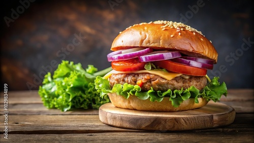 Tasty pork bun burger with onions tomatoes lettuce, perfect for posters or menus photo