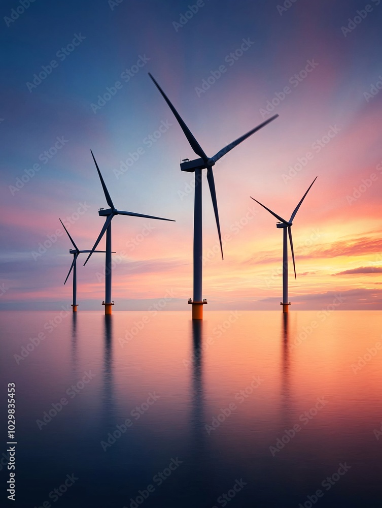 Fototapeta premium Offshore wind turbines at sunset, blades turning with the wind, captured in an elegant documentary photography style