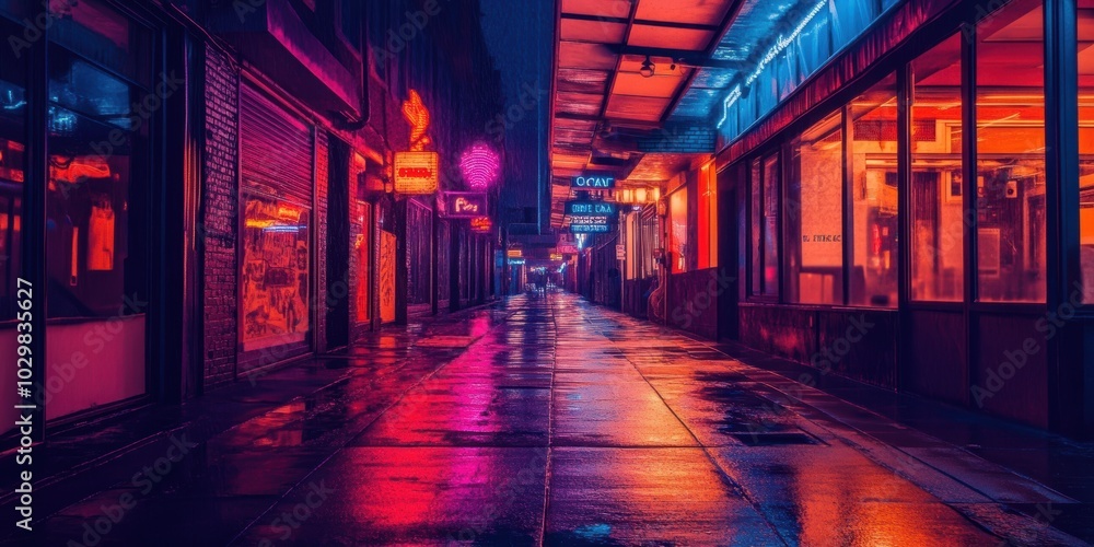 Fototapeta premium Neon signs illuminate a wet, empty alleyway.