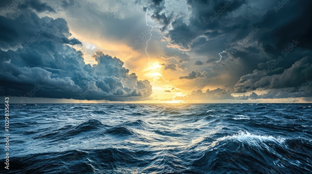 Fototapeta premium Stormy Sea Under Dark Clouds with Lightning