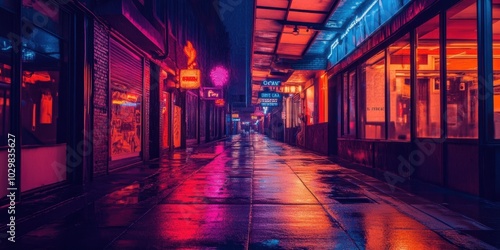 Neon signs illuminate a wet, empty alleyway.