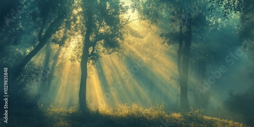 Sunlight through misty forest trees.