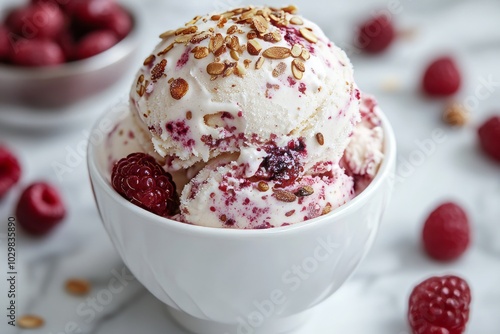 A close-up of a bowl of raspberry ripple ice cream with almonds on top.