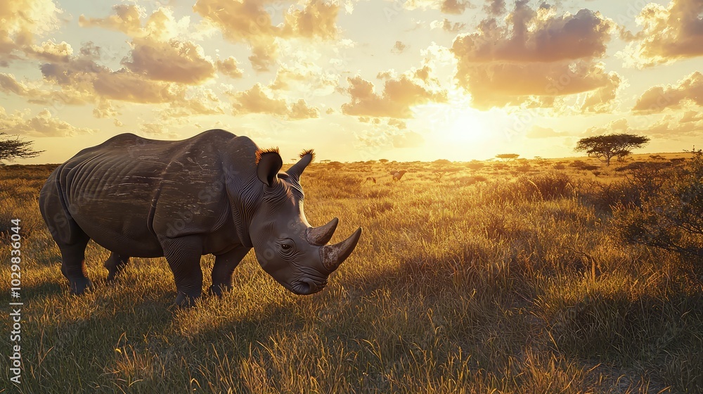Fototapeta premium Majestic Endangered Black Rhinoceros in Golden Sunset