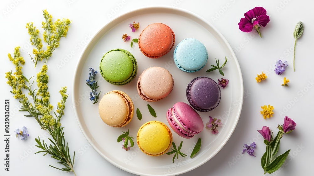 Colorful Macarons on a White Plate with Flowers Colorful Macarons on a White Plate with Flowers