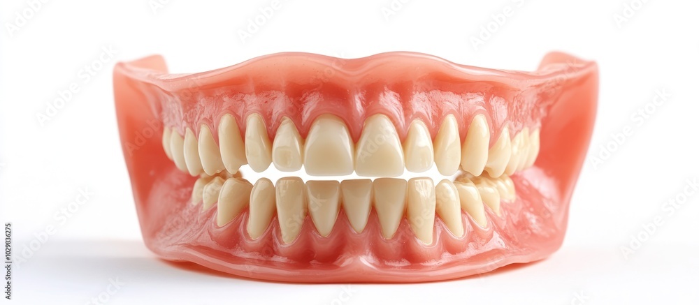 Obraz premium A full set of dentures with pink gums and white teeth on a white background.