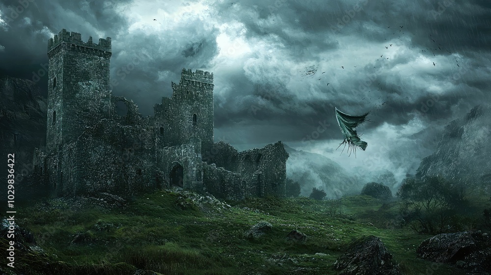 Naklejka premium Haunting Templar Fortress in a Dark Landscape