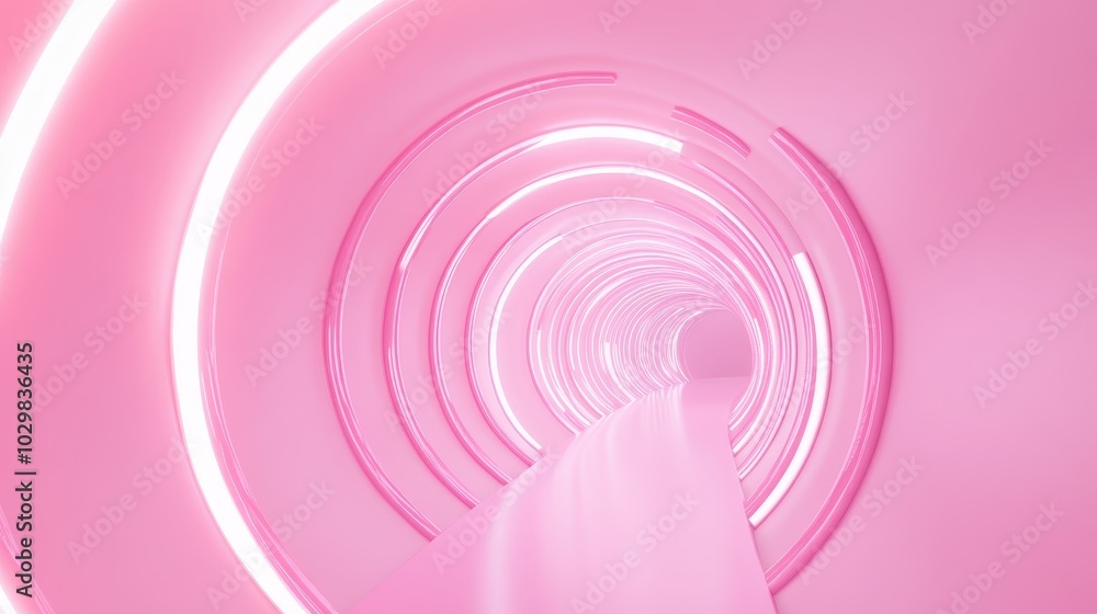 A pink tunnel with neon lights. The tunnel is long and narrow. The walls are pink and the floor is white A pink tunnel with neon lights. The tunnel is long and narrow. The walls are pink and the floor is white