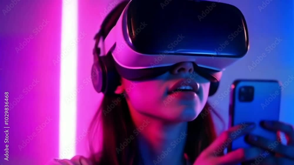Young woman using glasses of virtual reality on dark background. Smartphone using with VR headset Young woman using glasses of virtual reality on dark background. Smartphone using with VR headset