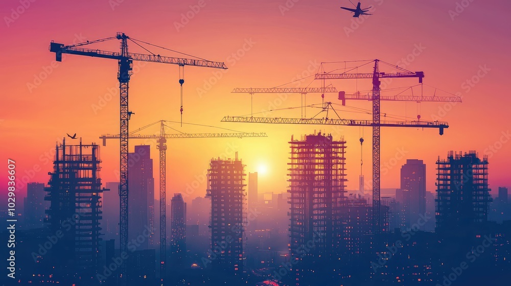 Vibrant Construction Site at Sunset with Cranes Vibrant Construction Site at Sunset with Cranes