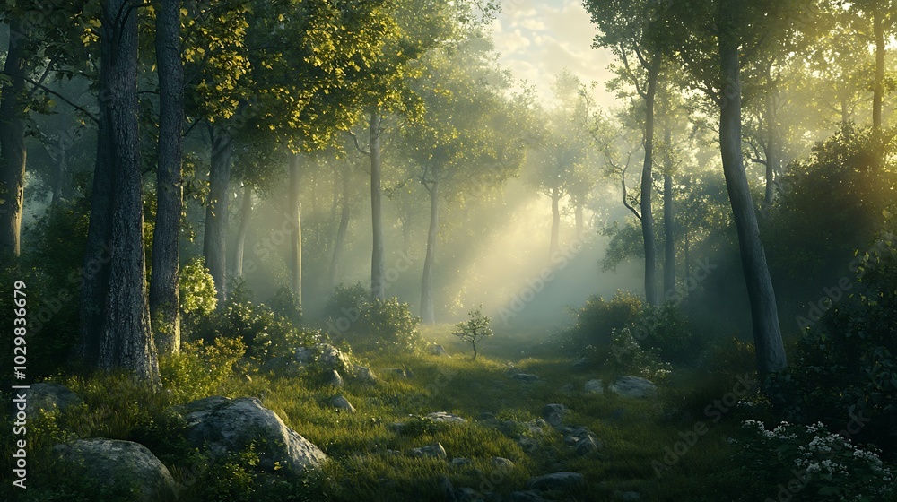 Obraz premium Sunrise in the forest with sunlight shining through the trees