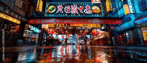 Neon-lit 1980s sushi street with rain-soaked pavement, vibrant signage, and street vendors making sushi. Dark, cinematic, and retro-futuristic