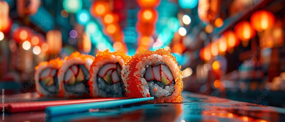 Fototapeta premium Retro-futuristic sushi table with glowing neon utensils, vibrant sushi rolls, and a vaporwave-inspired background. Electric hues, retro-tech fusion