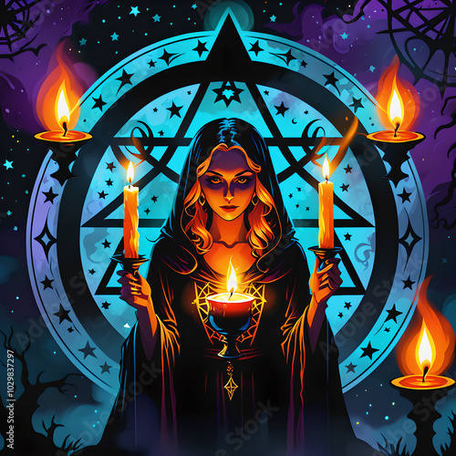 Candlelit Séance: Occult Halloween Sticker - Mystical Digital Art photo