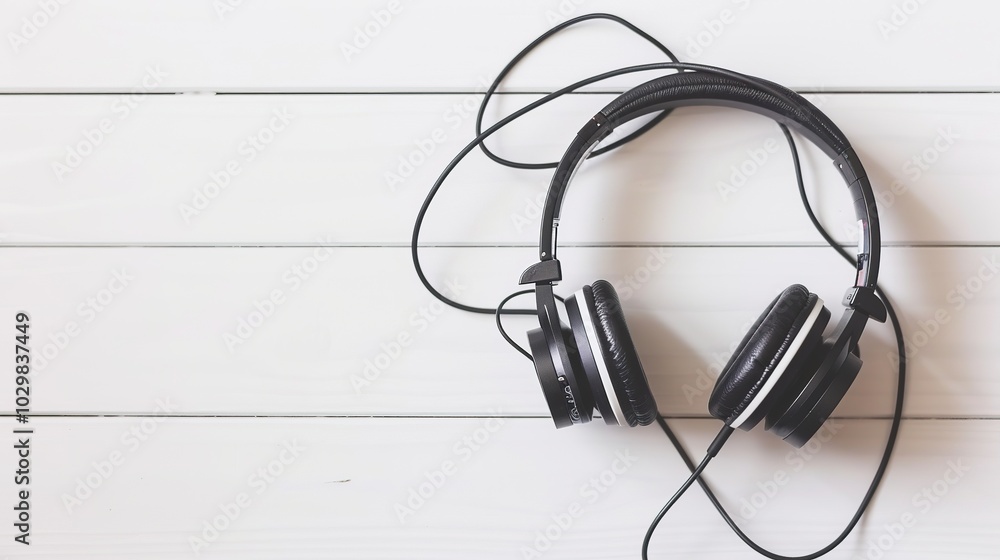 Sleek black headphones on white background, attractively positioned with slight tilt, symbolizing a sale, emphasizing modern design and audio technology.
