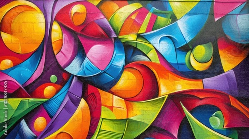 Abstract geometric graffiti mural on brick wall.