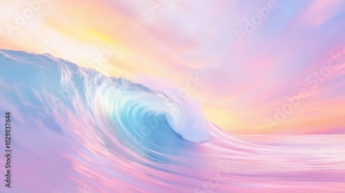 A wave in the ocean with a pink and purple sky in the background. The sky is filled with clouds and the sun is setting