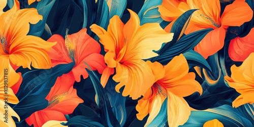 Wallpaper Mural Orange, yellow, and blue flowers on a dark background. Torontodigital.ca