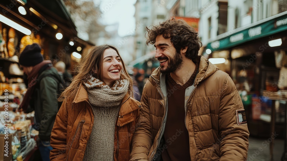 Joyful Couple Exploring a Market Together Joyful Couple Exploring a Market Together