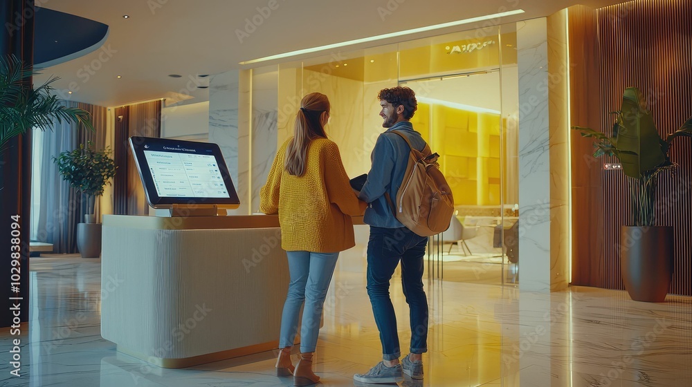 Fototapeta premium Couple Checking Into Modern Hotel