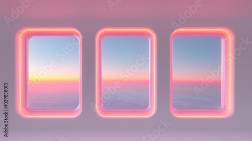 A window with three windows, each with a different color, and a pink sky. The sky is filled with clouds and the sun is setting