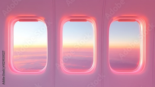 Three airplane windows with a pinkish glow. The sky outside the windows is a beautiful shade of pink, creating a serene and calming atmosphere