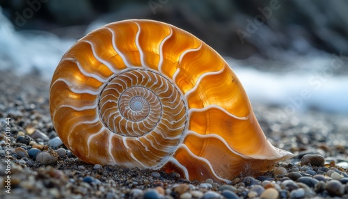 A close-up of a nautilus shell on a beach. photo