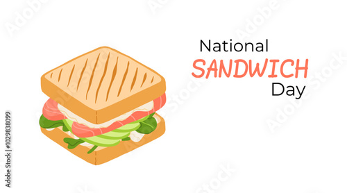 National Sandwich Day banner with colorful sandwiches filled with fresh vegetables, cheese and meat. Design for holiday promotions, or culinary projects.