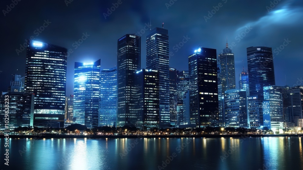 City skyline illuminated at night reflecting on water. City skyline illuminated at night reflecting on water.