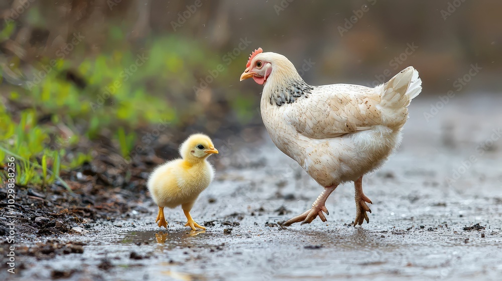 Fototapeta premium Chick and Hen on a Wet Path in Nature
