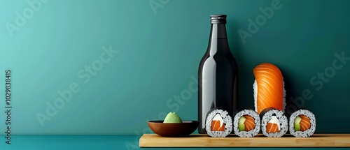 Sushi rolls on a wooden board, wasabi and soy sauce, flat design illustration photo