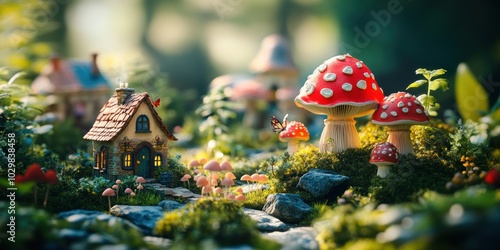 Fairy tale cottage with mushrooms and greenery.