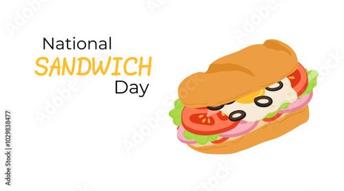 National Sandwich Day banner with colorful sandwiches filled with fresh vegetables, cheese and meat. Design for holiday promotions, or culinary projects.