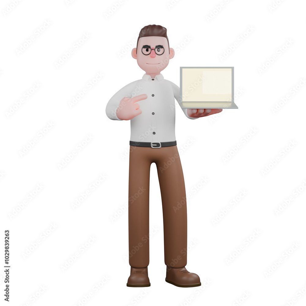 Male Sociologist in Social Survey. A male sociologist stands holding a laptop in his right hand and points to the laptop with his left hand. 3D Community Study Scene Male Sociologist in Social Survey. A male sociologist stands holding a laptop in his right hand and points to the laptop with his left hand. 3D Community Study Scene