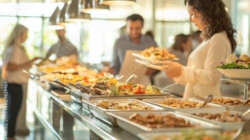 Guests Enjoying Buffet at Bright and Lively Venue photo