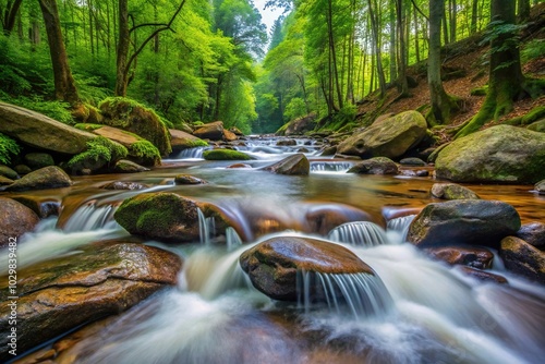 Water flowing over rocks in a forest stream