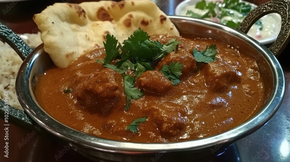 Delicious Curry with Naan and Fresh Herbs Garnish Delicious Curry with Naan and Fresh Herbs Garnish