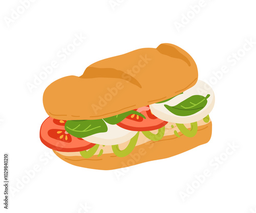 Sandwiches with Various Ingredients. Vector cartoon illustration of caprese sandwich, bagel, burger with meat, fish, avocado, egg, cheese and vegetables.