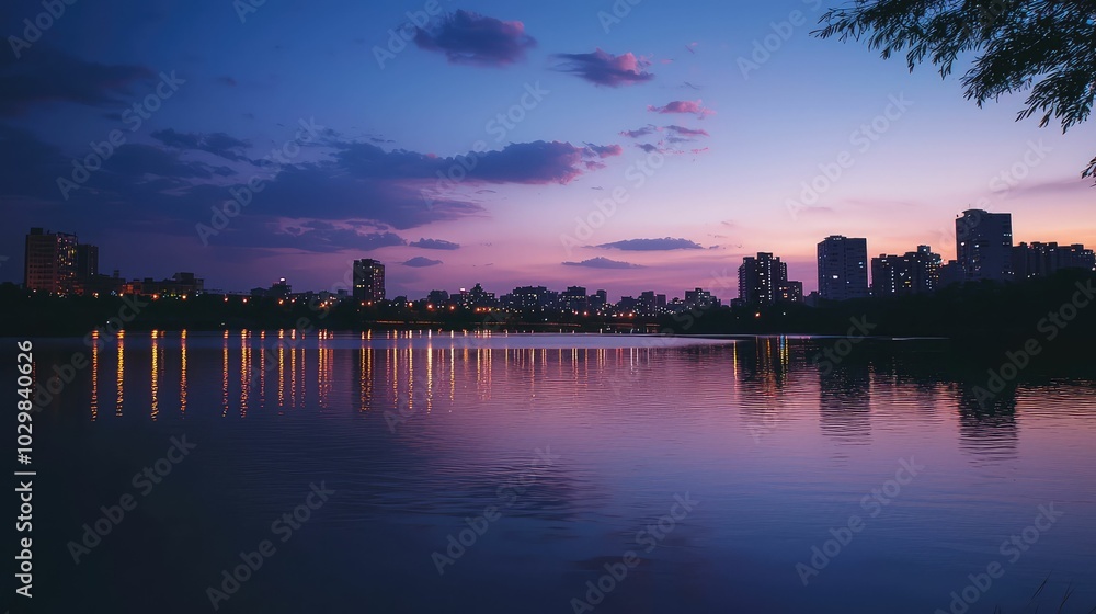 Serene City Skyline Reflected in Calm River Water Serene City Skyline Reflected in Calm River Water