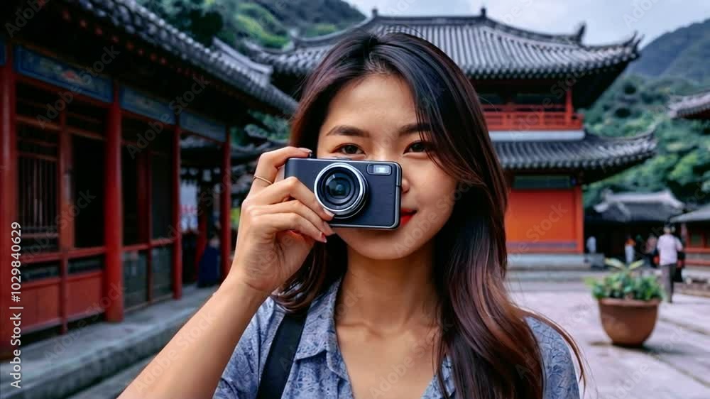 Stylish Woman with Glasses and Camera Exploring a Traditional Destination Stylish Woman with Glasses and Camera Exploring a Traditional Destination