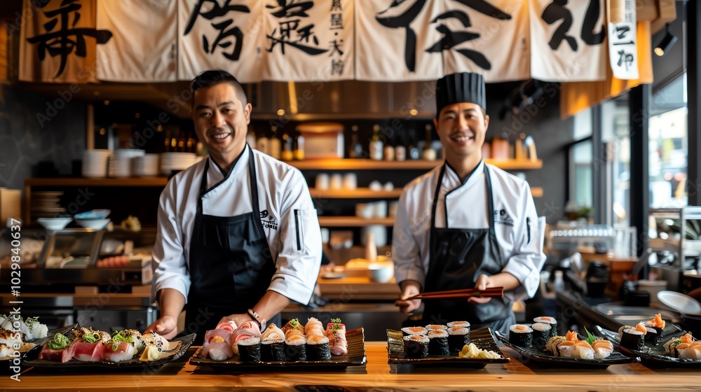 Old-school sushi street market with wooden stalls, vintage hand-painted signs, and chefs making sushi in front of customers. Rich textures, muted tones Old-school sushi street market with wooden stalls, vintage hand-painted signs, and chefs making sushi in front of customers. Rich textures, muted tones