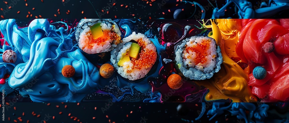 Psychedelic sushi rolls floating in space, surrounded by cosmic nebulae, glowing colors, fantasy style, surrealism, Psychedelic sushi rolls floating in space, surrounded by cosmic nebulae, glowing colors, fantasy style, surrealism,