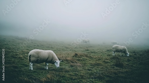 Serene Foggy Moorland with Grazing Sheep