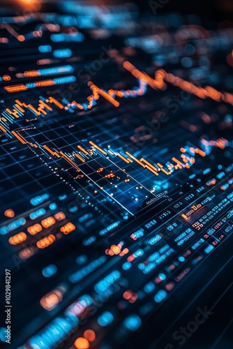 A close-up shot of a computer screen displaying a stock market chart with a blue and orange color scheme.