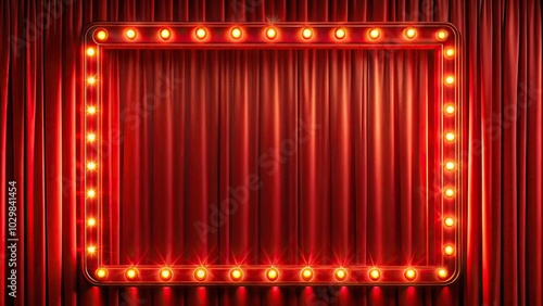 Theater red curtain and neon lamp around border Close-Up