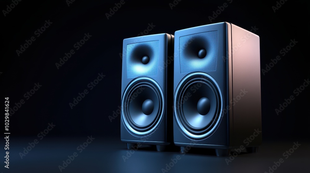 Two black speakers with blue lights on them. The speakers are on a dark background. The blue lights on the speakers give the impression of a futuristic or sci-fi theme Two black speakers with blue lights on them. The speakers are on a dark background. The blue lights on the speakers give the impression of a futuristic or sci-fi theme